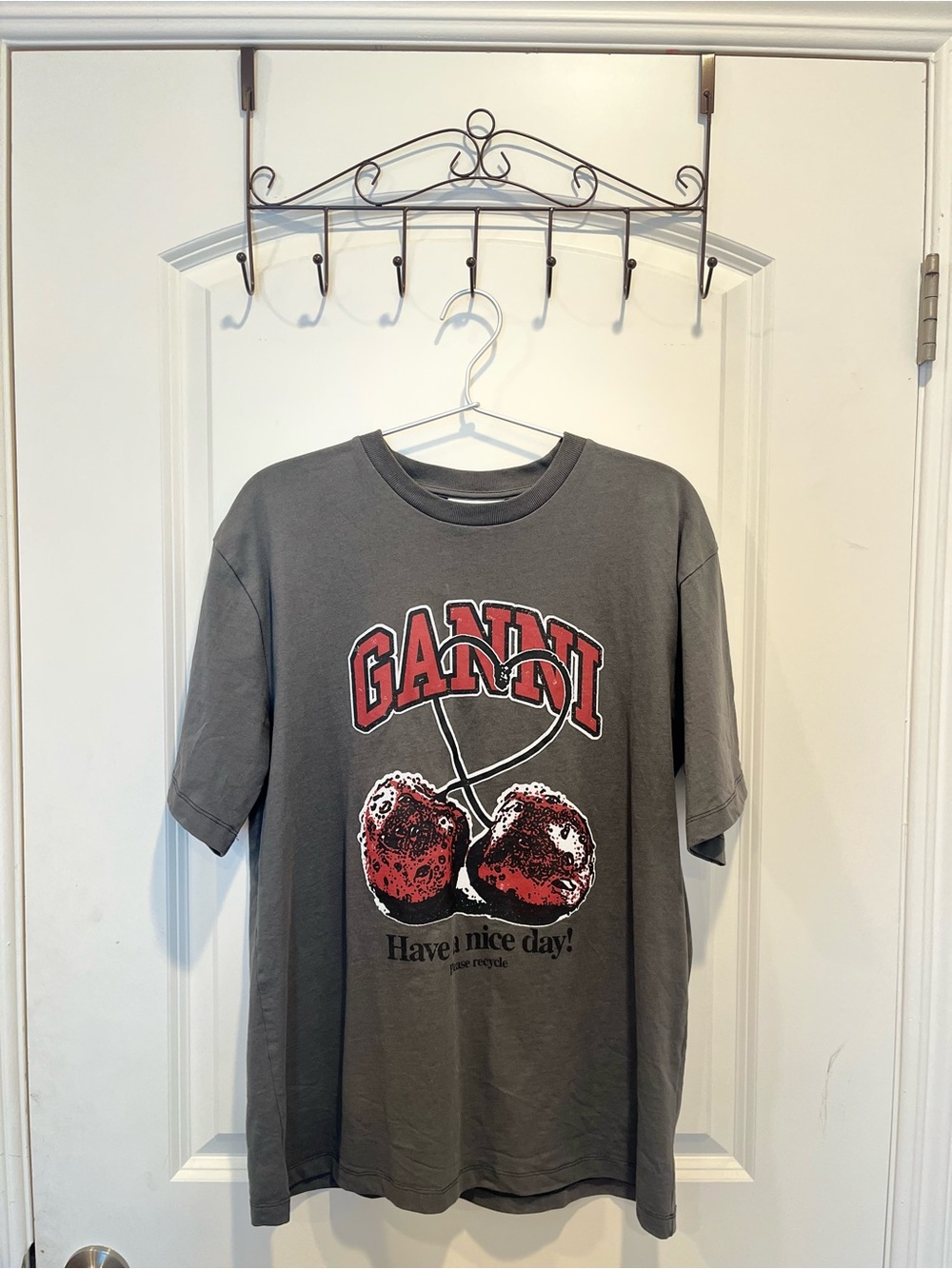Ganni Charcoal Gray Tee with Red Cherry Graphic